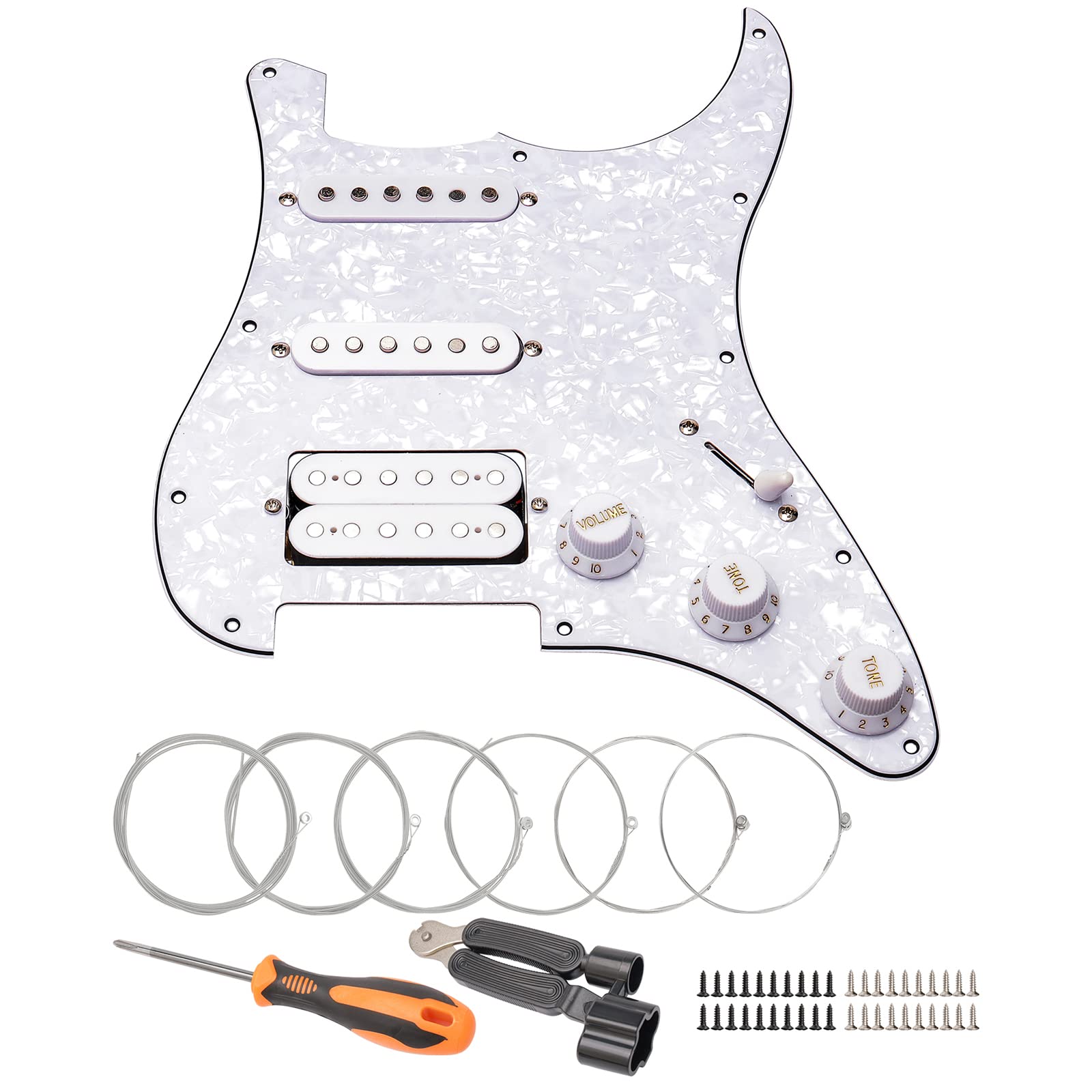 Unxuey SSH Loaded Prewired Pickguard Set, 11 Hole Loaded Guitar Pickguard Humbucker Pickups with Strings+ Repair Tool, for Fender Stratocaster Electric Guitar