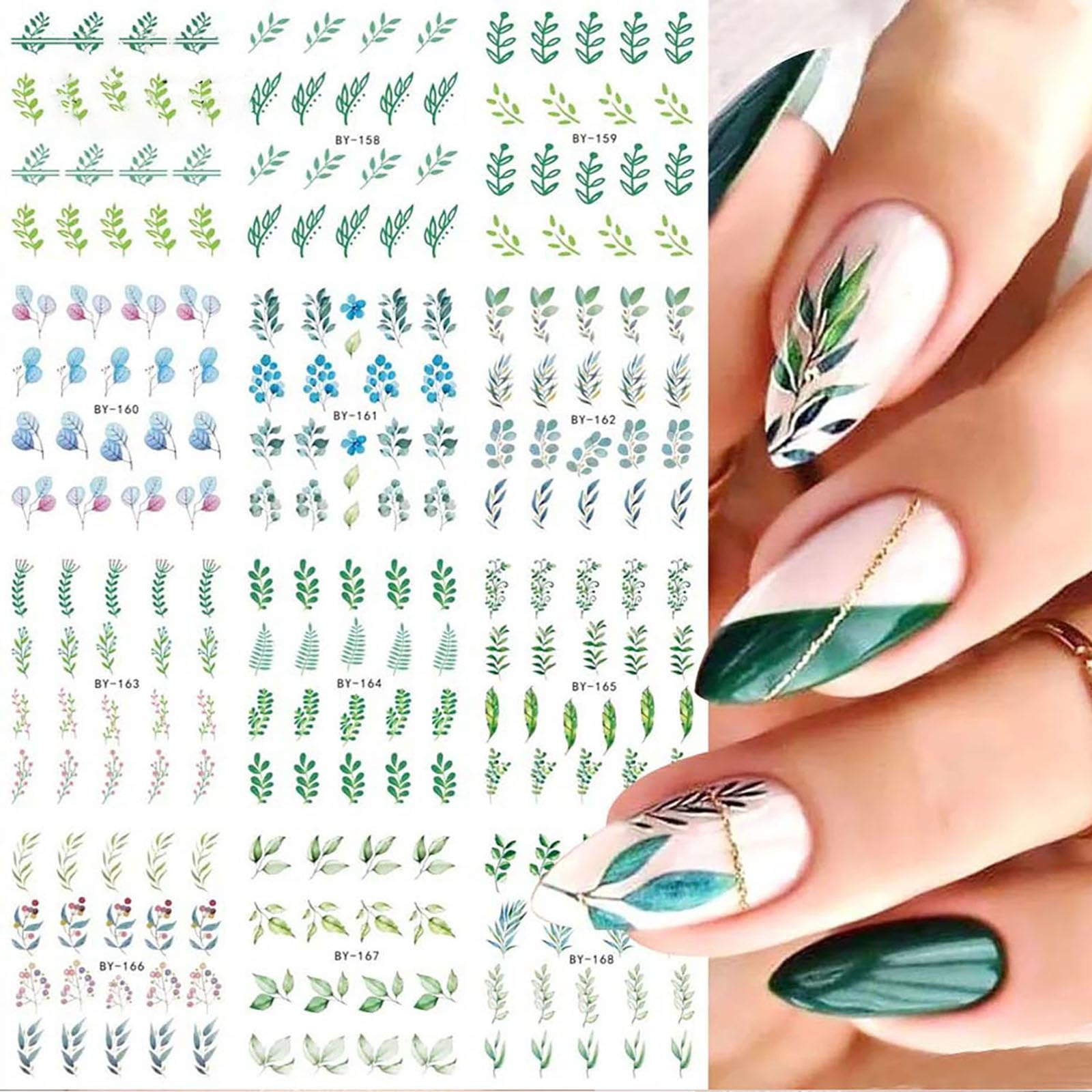 Photo 1 of Spring/Summer Series Nail Stickers - Spring Green Leaves Nail Decals 12pcs Small Fresh Natural Flowers Plants Nail Art Stickers for Women Girls Water Transfer Stickers Nail Accessories