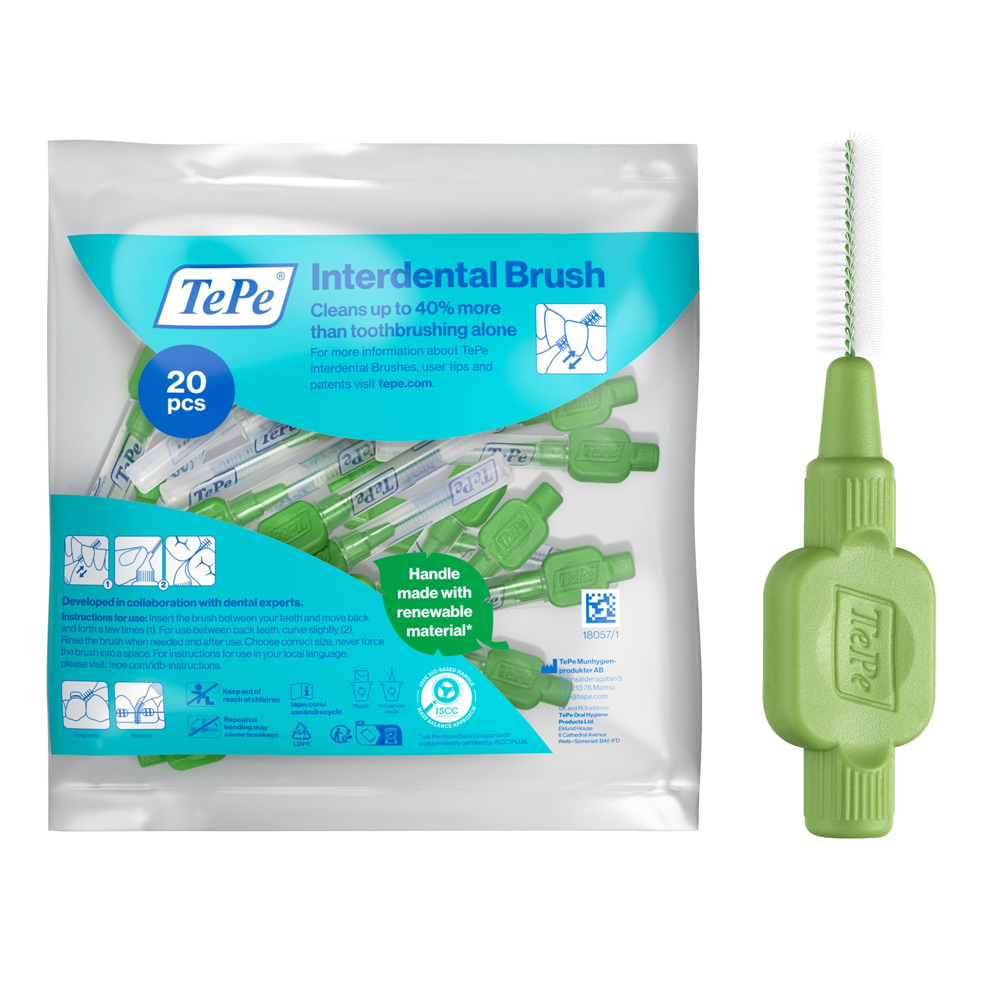 TePe Interdental Brush, Original, Green, 0.8mm/ISO 5, 20pcs, efficient Cleaning Between Teeth, Plaque Remover and Dental flosser for Small Gaps