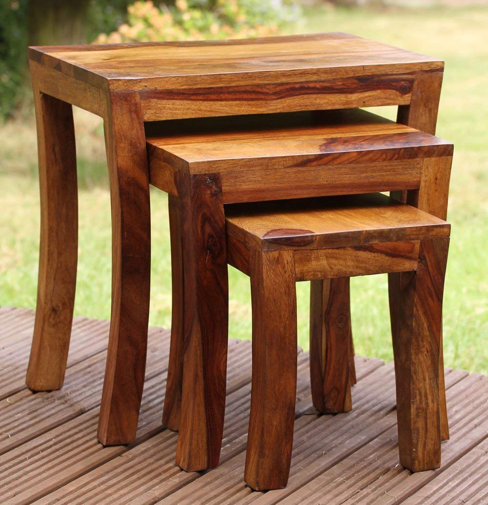 MODWAY Sheesham Wood Nesting Tables Set of 3 Stools for Living Room (Honey Finsih)