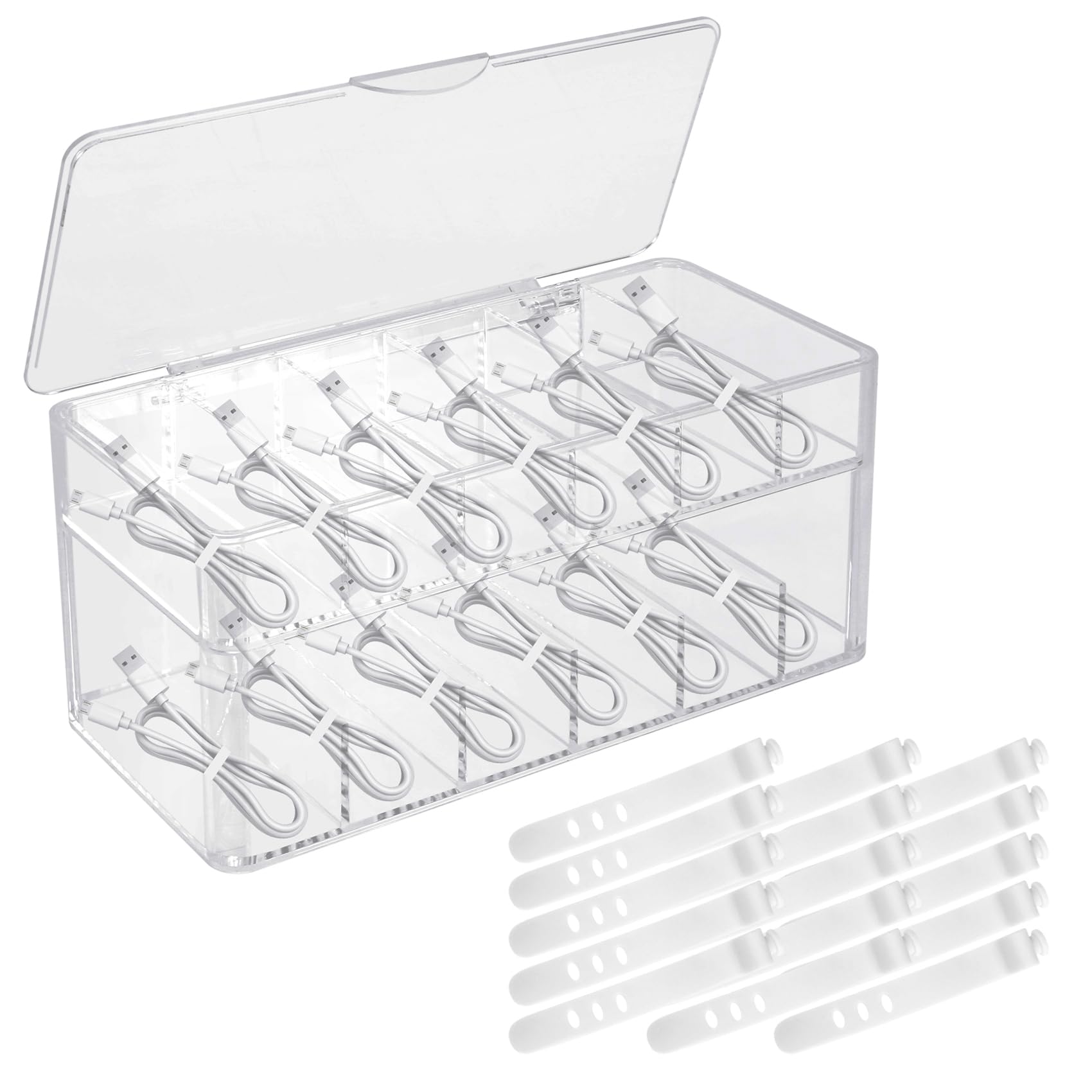 Dedjgoo Double Layered Cable Storage Box with Cover, 12 Grid Cable Sorting Box, Large Data Cable Storage Box, Charging Plug, Transparent Cable Management Box with 15 Zip Ties