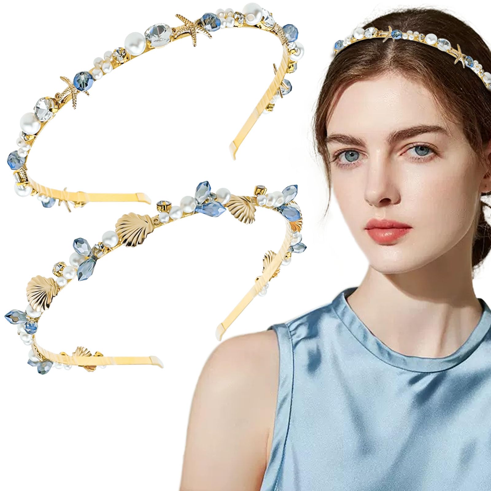 Photo 1 of Aswewamt 2 Pcs Mermaid Seashell Starfish Headbands Pearl Crystal Rhinestone Hairbands Alloy Hair Hoop Beach Bridal Elegant Headpiece Wedding Hair Accessories for Women Girls, Gold