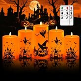 kakoya 5 Pack Halloween Flameless LED Pillar Candles, Orange Plastic Battery Operated Candles with 2 Remote Timer, Castle Pumpkin Witch Pattern for Halloween Spooky Decor