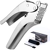 Garlic Press Stainless Steel, Premium Garlic Mincer Set with Silicone Roller Peeler&Cleaning Brush, Easy to Squeeze and Clean