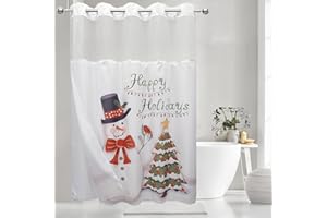VIUOON Christmas Pattern No Hook Shower Curtain with Snap-in Fabric Liner Set, Double Layers Heavy Duty Fabric Bathroom Curtain with See Through Top, Hotel Grade, Machine Washable, 71Wx74L