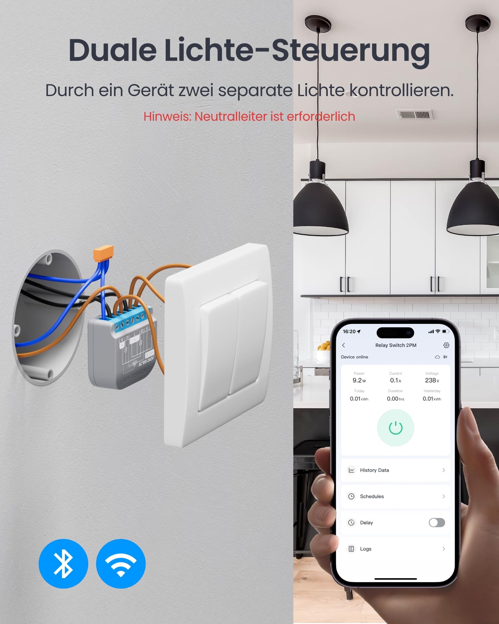 SwitchBot Wlan Schalter 2PM kompatibel mit Alexa/Apple Home/Google Home, Leistungsmessendes Relaisschaltmodul mit integriertem Bluetooth Repeater und Trockenkontakt, Wi-Fi 2,4 GHz (Schalter 2), 16A 5