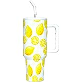 OEUFSEEE Lemon Tumbler with Straw and Lid Vacuum Insulated 40oz Stainless Steel Cup Gifts for Women Birthday Present Lemon Water Bottle Coffee Cup for Home or Travel