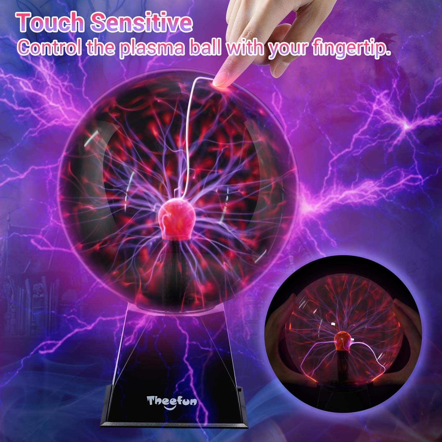 Theefun Plasma Ball: 8 Inch Plasma Globe Touch & Sound Sensitive Ball Lamp Electric Lightning Novelty Light for Parties, Home, Prop, Room Decoration, Christmas Gifts