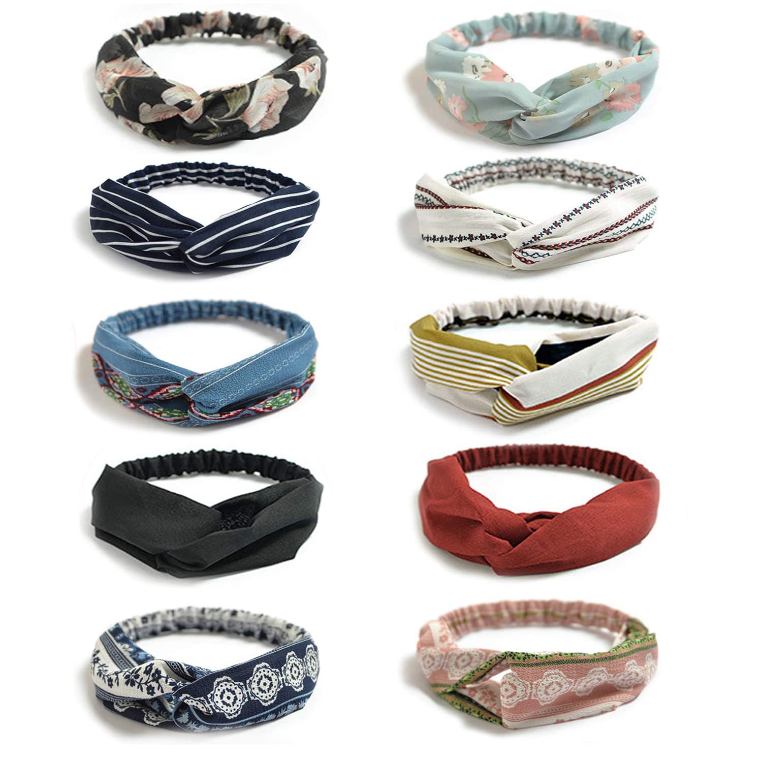DRESHOW 10 Pack Boho Headbands for Women Vintage Flower Printed Criss Cross Knotted Elastic Hair Band Stretchy Head Wrap Twisted Cute Hair Accessories