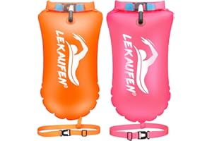 LeKaufen Swim Buoy for Open Water 2 Pack, 20L Swim Safety Float Waterproof Dry Bag for Swimmers Triathletes Kayakers Snorkelers, Swimming Pull Buoy for Safer Swim Training (Orange & Pink)