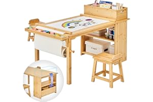 UNICOO Drawing and Art Table & Chair Set for Toddlers - Portable Craft Supplies Organizer and Storage Shelves, Canvas Bins, Paper Roll Rack, 2 Stools, Kids Art Table, Ages 2-12 (Nature)