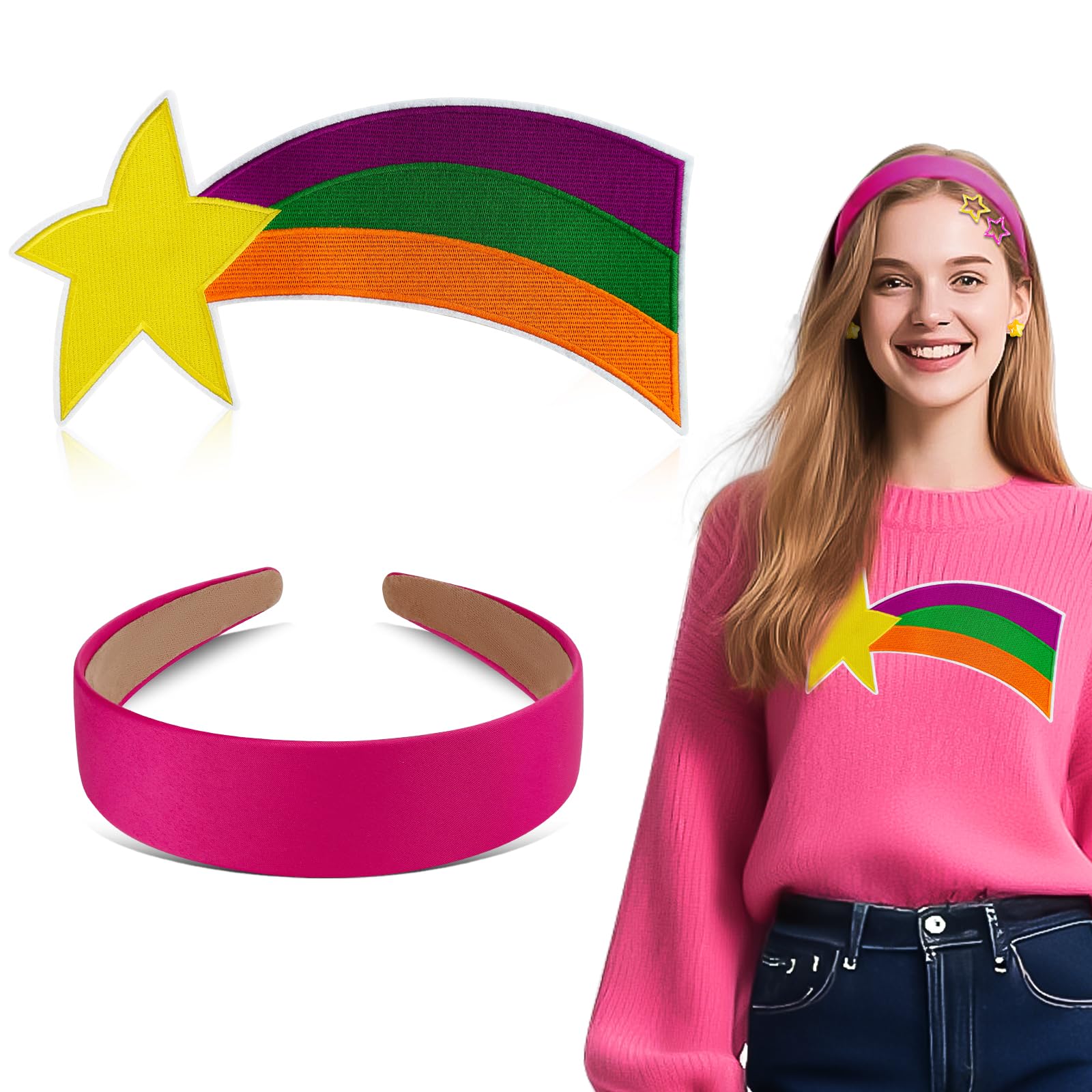 Photo 1 of 13 PCS Women Costume Accessories Set Shooting Star Rainbow Patch Pink Satin Hairband Star Stud Earrings and Hairpin for Women Halloween Cosplay