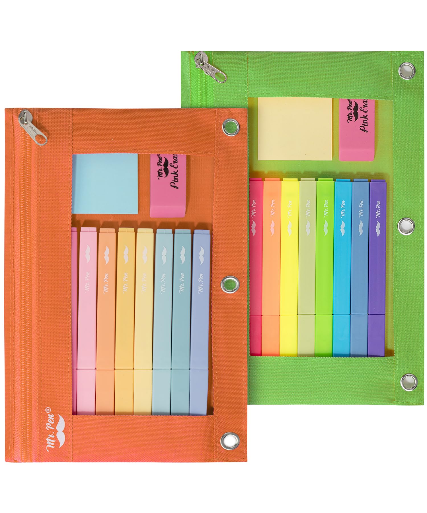 Photo 1 of Mr. Pen- 2 Pack Pencil Pouch - Green and Orange Flat Zipper Pouch for 3 Ring Binder