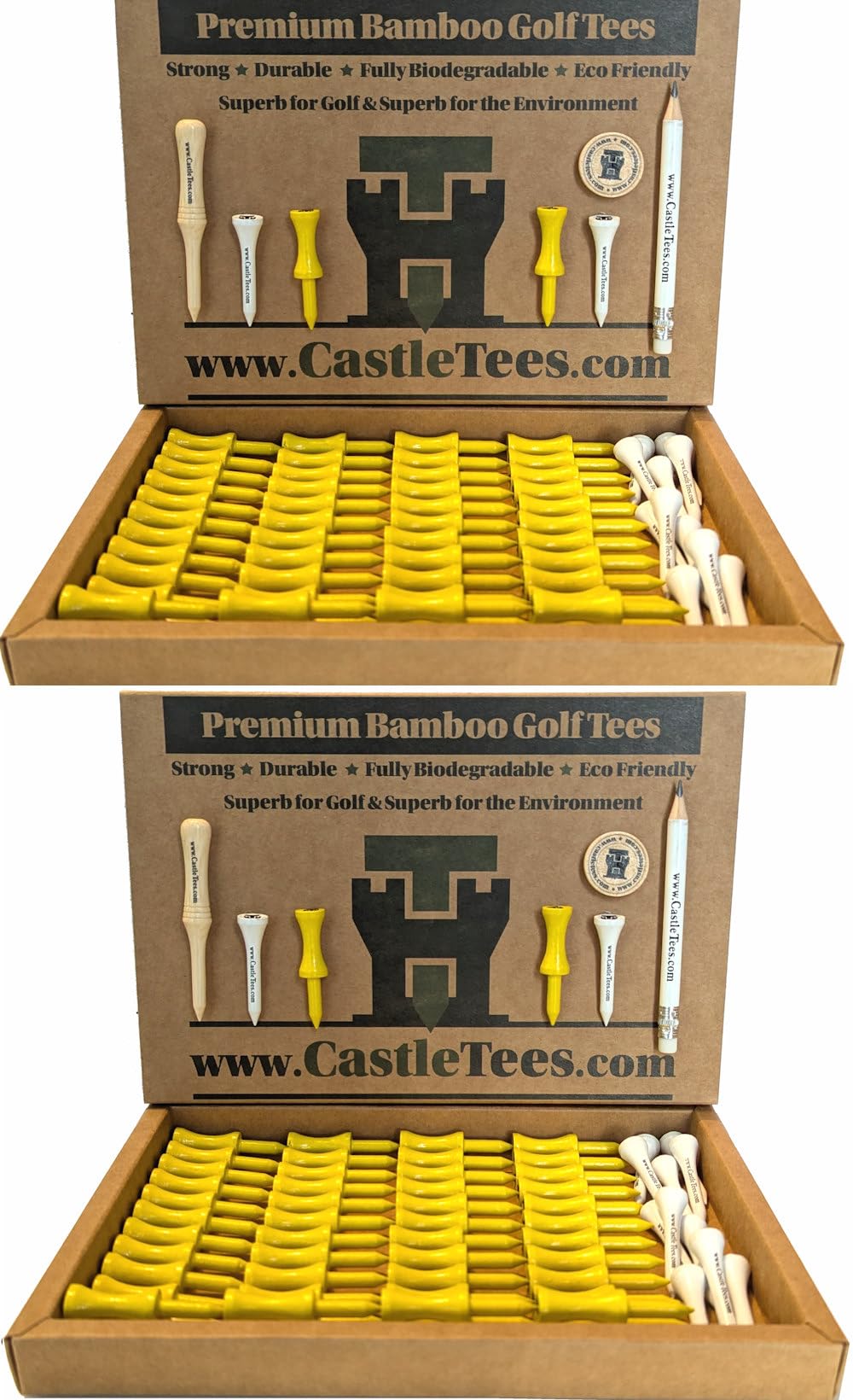 Castle Tees Official Yellow 2 Pack 100 pcs x 45mm 1¾ inch Premium Bamboo Golf Tees with a Free Pitch Repair Tool, Ball Marker & Pencil. Twice the strength of regular bamboo very strong Great Golf Gift
