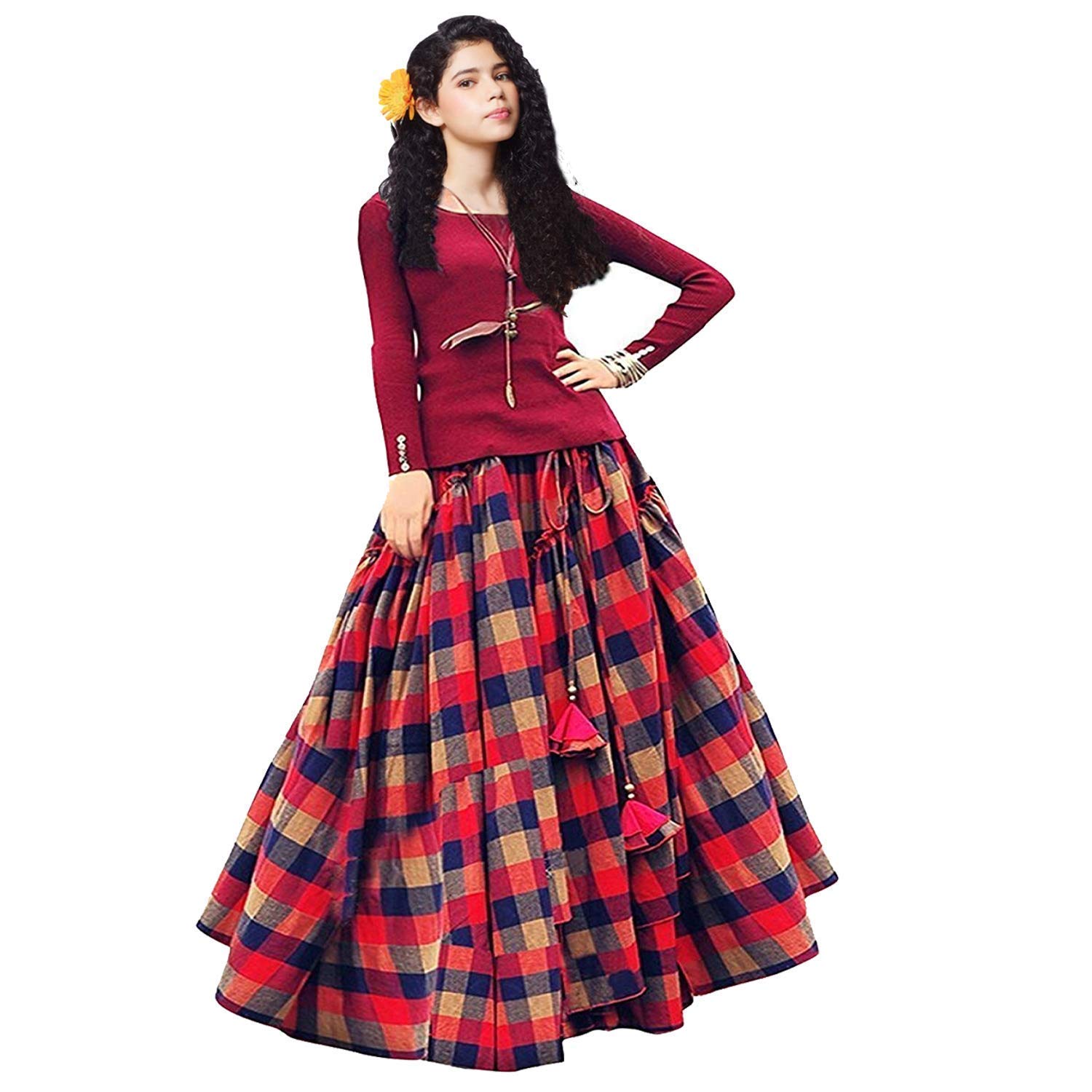 meera creation bangalori satin long skirt gown and top (red,free size)