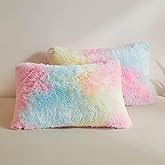 XeGe Rainbow Faux Fur Fluffy Throw Pillow Cases, Plush Shaggy Soft Furry Pillowcases, Tie Dye Velvet Fuzzy Decorative Pillow Covers for Bed Couch Teen Girl Zipper Closure, Set of 2(Standard, Rainbow)