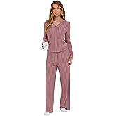 Womens Pajama Sets 2 Piece Lounge Pajamas Sets Casual Ribbed Knit Long Sleeve Matching Set