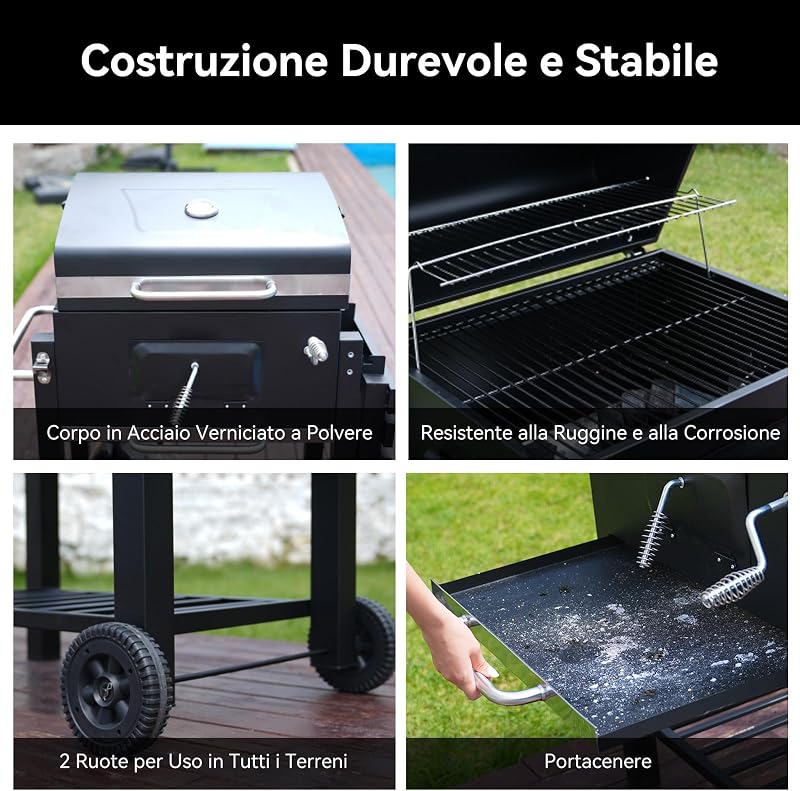 Barbecue a Carbonella, Barbecue con Coperchio, Superficie Cottura: 56×42,5 cm, Vassoio Carbone Regolabile in Altezza, Tavolino Laterale Pieghevole, Con Copertura Barbecue da Esterno