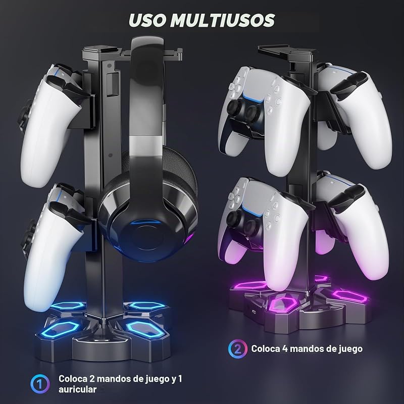 Suporte LED para auscultadores gaming com 2 portas USB de carregamento e 1 tipo C