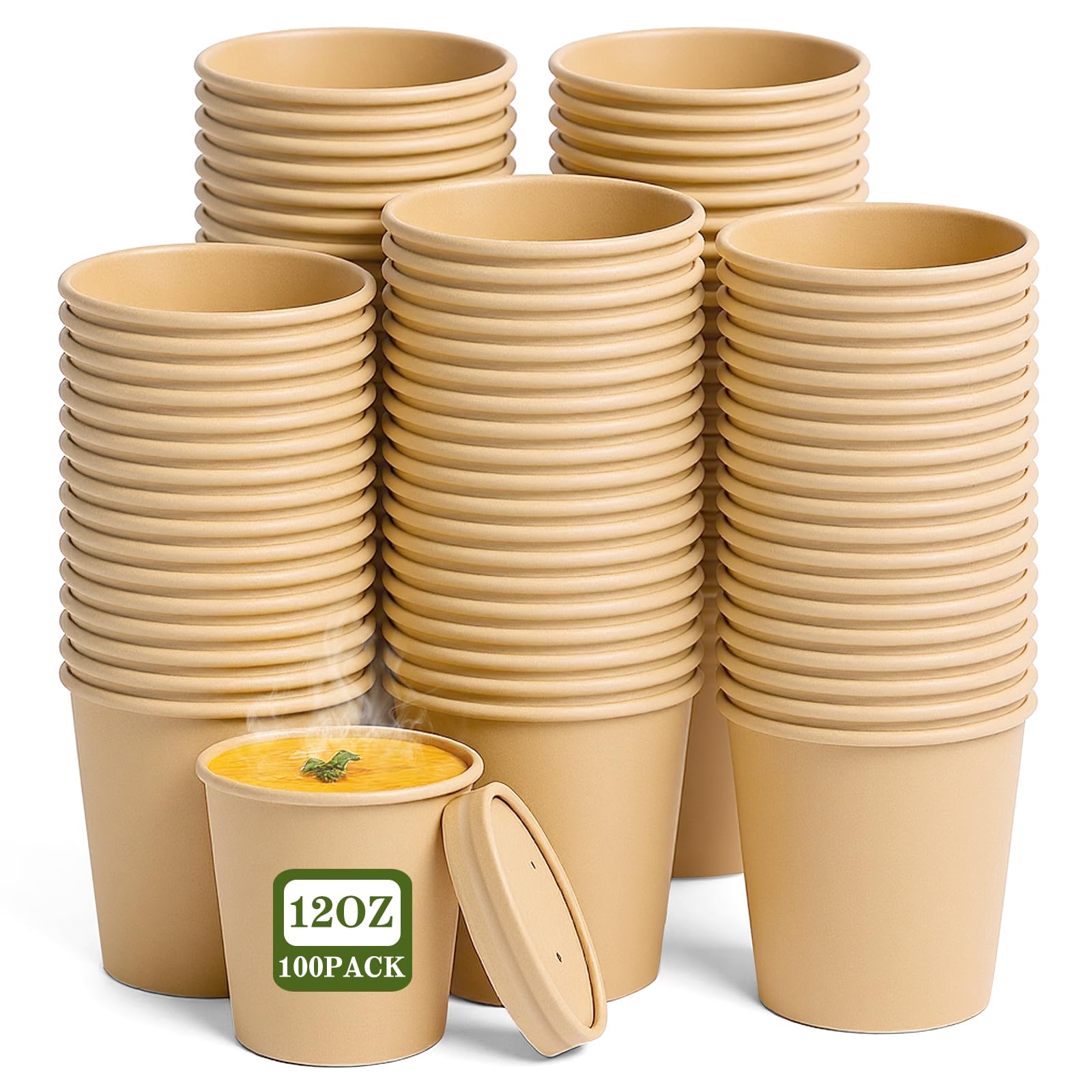 Photo 1 of 100Pack 12oz Paper Soup Container Cup with Vented Lids, Disposable Paper Food Container Kraft Dessert Bowl Soup Bowls, Microwavable and Freezer Safe for Hot Soup, Ice Cream (100 Pcs - Kraft, 12 oz)