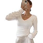 AKLOPVII Women Y2k Lace Patchwork Long Sleeve Cropped T Shirts Preppy Pointelle V Neck Slim Fit Crop Tops Aesthetic Fall Tees