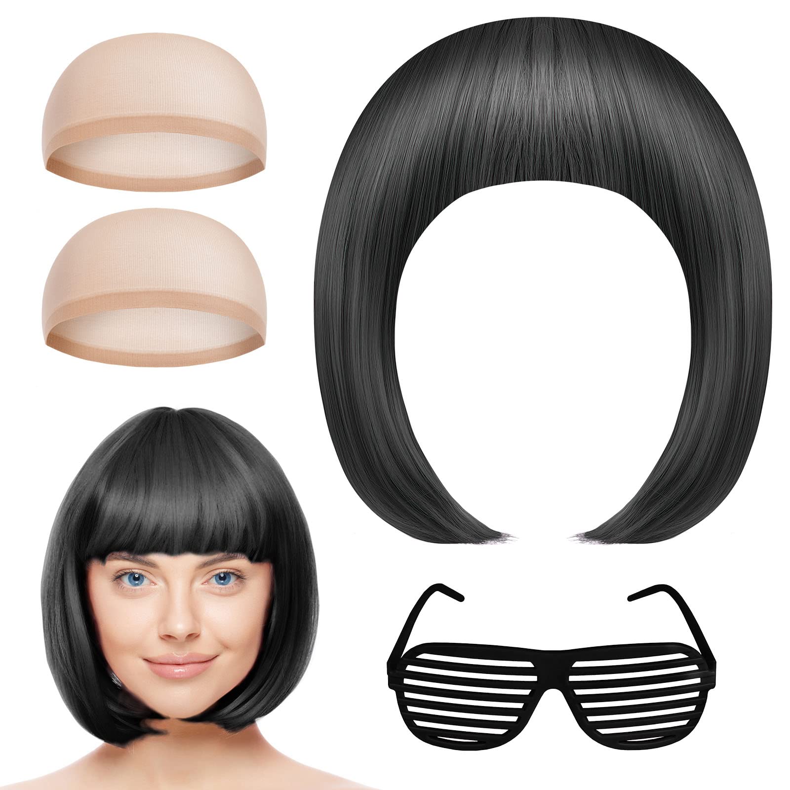AOMIG Short Bob Wigs, 4 Pack Set with Sunglass & Wig Cap, Neon Cosplay Party Wigs, Synthetic Straight for Daily & Holiday Decorations — image 1