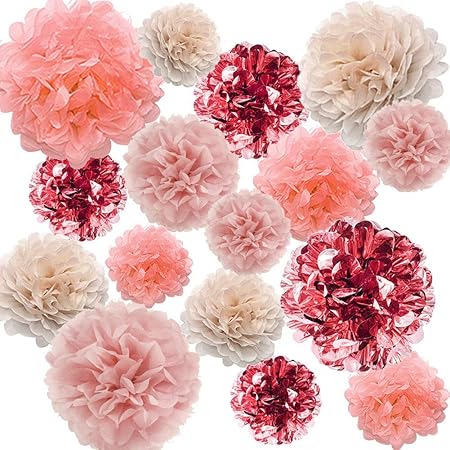 Evneed 20 Pcs Rose Gold Party Decorations Tissue Paper Pom Poms