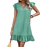 LUXVEER Women's Summer Mini Dress Flutter Sleeve V Neck Casual Loose Swimsuit Cover Up Flowy Ruffle Beach Vacation Sundresses