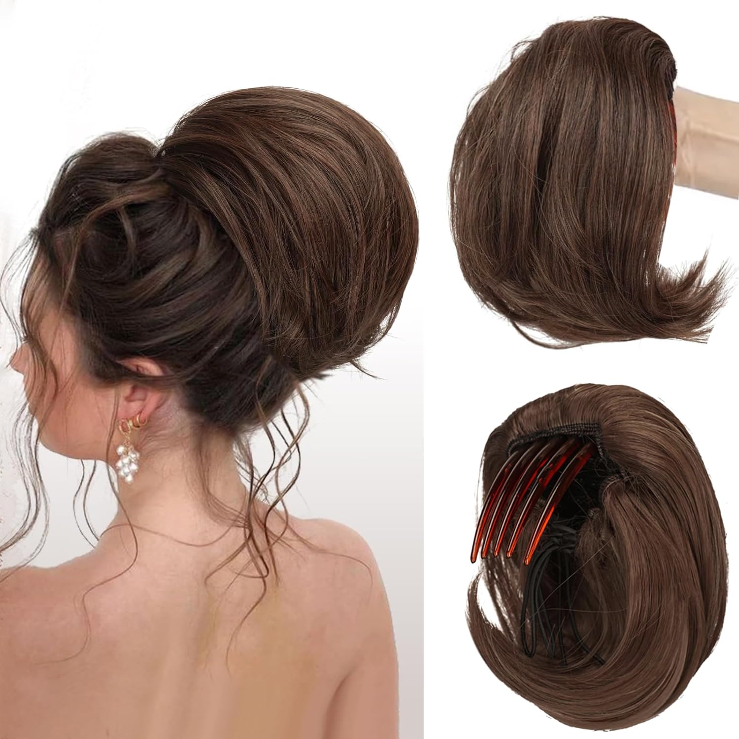 PORSMEER Brown Hair Bun Ponytail Extension,Short Straight Synthetic Hairpiece Drawstring Ponytail Bun Extensions with Comb Clip in Fake Pony Tails Hairpieces for Women Daily Party