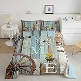 Rustic Farmhouse Cabin Bedding Set Retro Western Wooden Board Wheel Comforter Set Queen,Farm Animal Sunflower Comforter For Lodge,Pastoral Country Planks Quilt Duvet Teal Brown Home Room Decor 3 Pcs