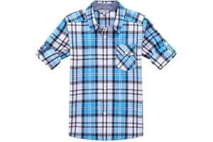 Bienzoe Boys Button Up Shirt: Kids Plaid Cowboy Western Casual Cotton Roll Up Tops