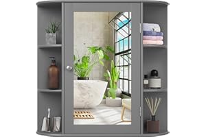 COSTWAY Wall Mounted Bathroom Cabinet - Storage Cabinet with Mirror Door & Adjustable Shelves, Space-Saving Medicine Storage 