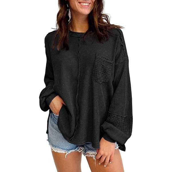 Waffle Knit Long Sleeve Oversized Sweatshirt for Women