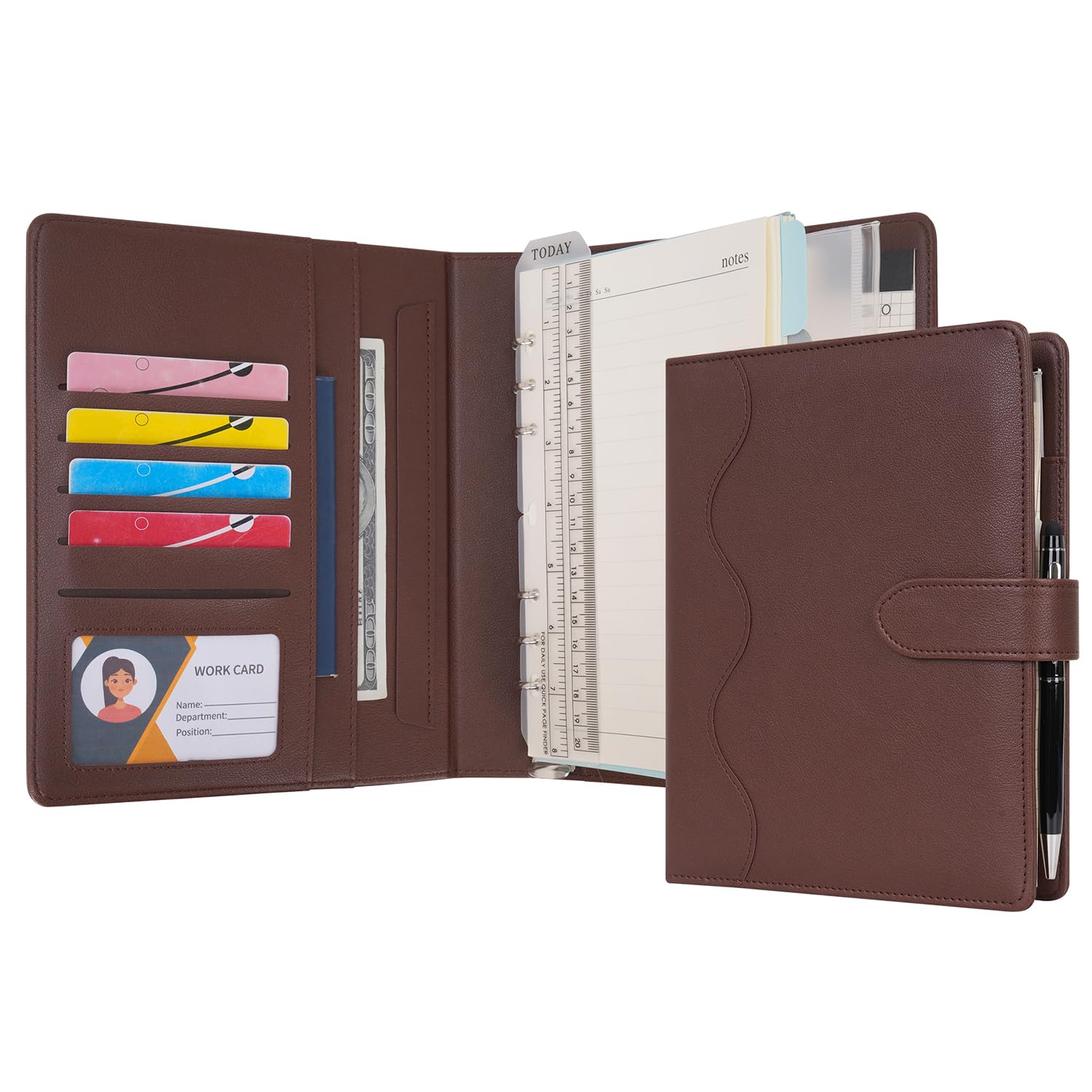 Wason A5 Diary Leather PU Lined Notebook Refillable Paper Journal, Removable Ring Binder Portfolio with Clipboard Writing Notepad and Pen for Travel Business School Agenda Organizer (Coffee)