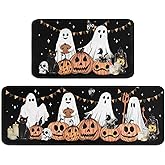Twyt decor Halloween Kitchen Rugs and Mats Set of 2,Black Horror Skull Pumpkin Mat, Non-Slip Washable Ghost Kitchen Mats for Halloween Decoration in Front of Kitchen Sink 17x30+17x47Inch