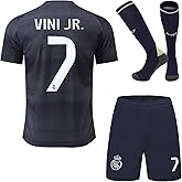 KWFOM Madrid Vini Jr. #7 Away 25/26 Kids Soccer Jersey Kit with Shorts/Socks Set Youth Sizes (Blue, 16)