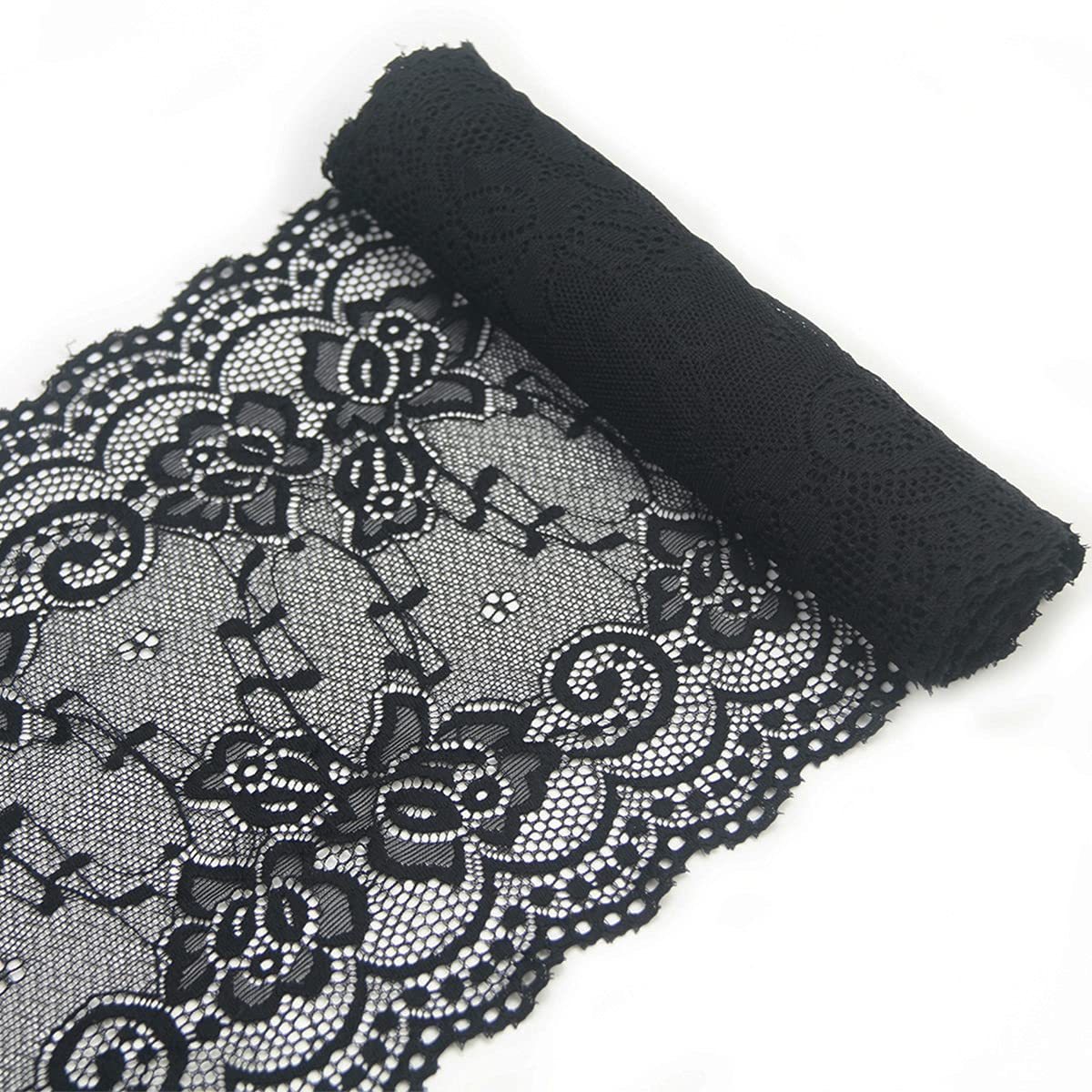 Lace Fabric Lace Ribbon,Floral Lace Trim, Elastic Lace - White & Black lace,Perfect for Crafting,Wedding,Gift Wrapping,Bow Making & Other Projects (7 Inch x 5 Yards, Black)