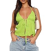 Women Y2k Front Tie Crop Tops Halter Neck Flowy Plisse Summer Going Out Top Sexy Split Sleeveless Cami Shirt