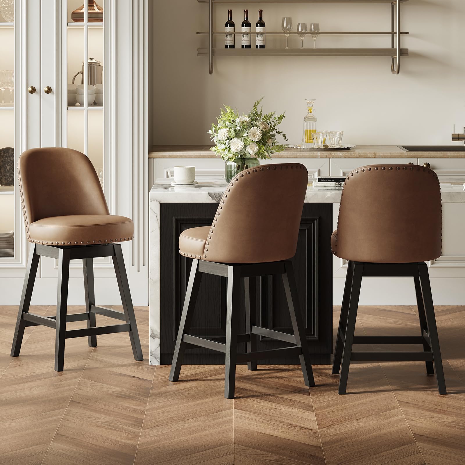 Photo 1 of *USED*
**ONE PC**MALOL Swivel PU Leather Bar Stools Set of 3 with Backs, 38.19 Counter Height Bar Chairs, Modern Bar Height Stools for Kitchen Island? Mid Century Barstools?Brown