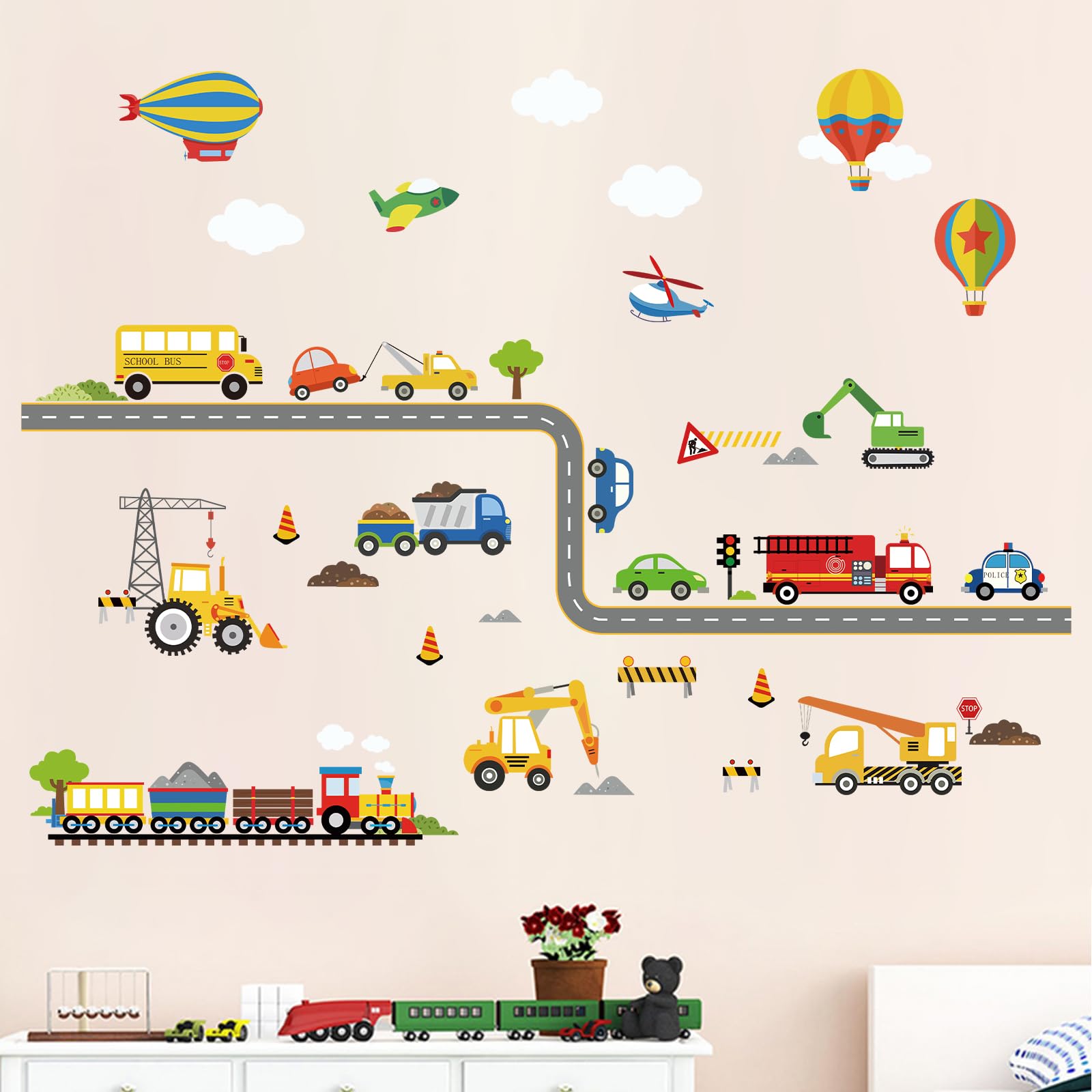 decalmile Construction Transportation Wall Decals Car Truck Plane Boys Wall Stickers Kids Bedroom Baby Nursery Playroom Wall Decor
