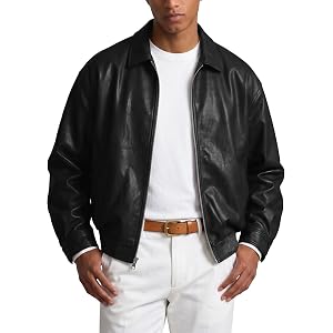 JMIERR Mens Faux Leather Jacket Zip Up Casual Coat Relaxed Fit | Faux Leather, Metal Zipper, Droped Shoulder, Side Pockets, B