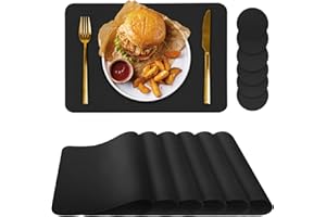 BACGNYER Placemats Set of 6 Placemat with Coasters Heat Stain Scratch Resistant Non-Slip Waterproof Oil-Proof Washable Wipeable Outdoor Indoor for Dining Patio Table Kitchen Decor and Kids（Black 6）