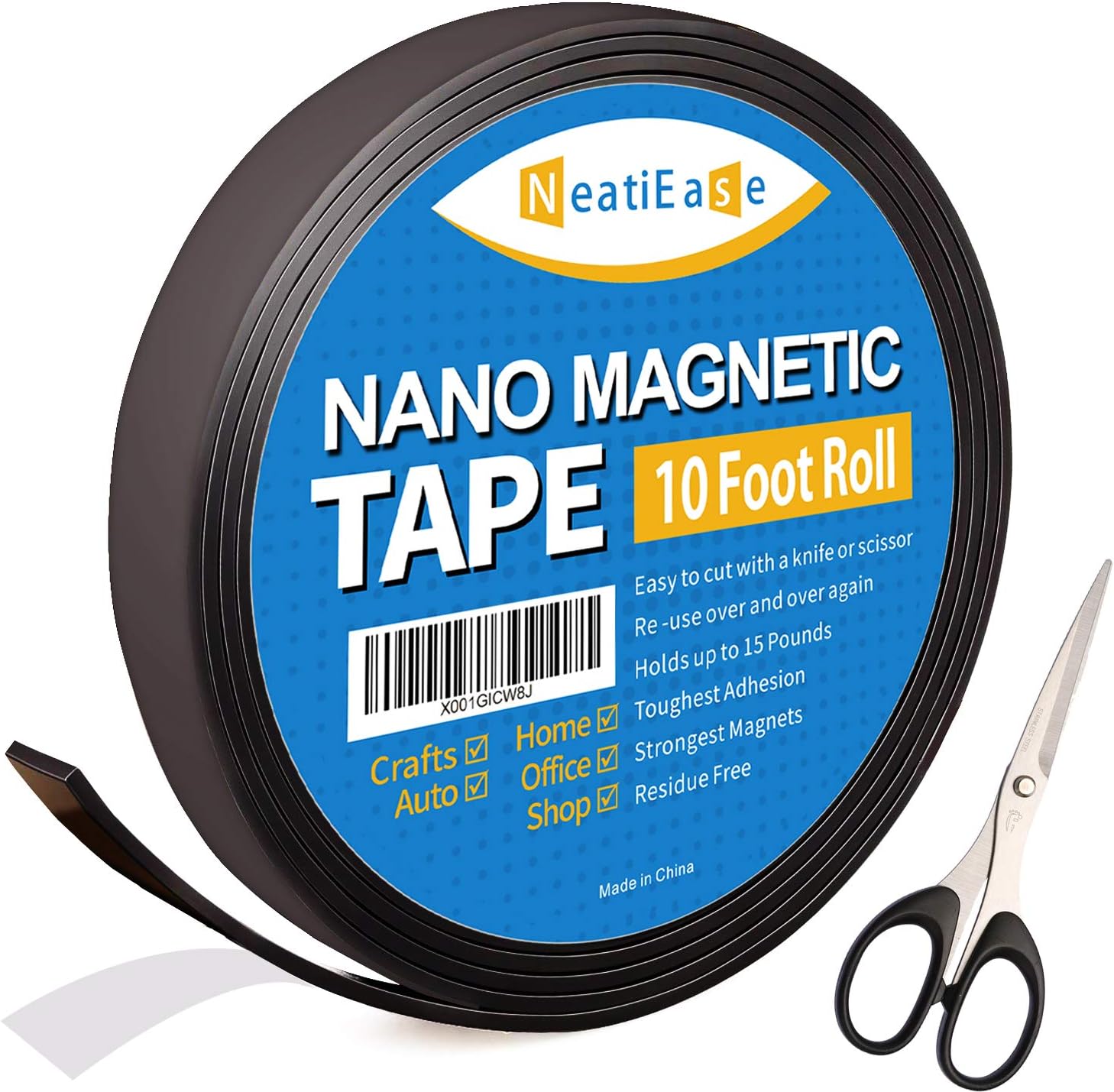 Magnetic Tape - 1 Inch x 10 Feet Magnetic Strips with Reusable Washable Adhesive Backing - Strong Sticky Magnet Tape Roll for Craft, DIY Projects, Fridge & Whiteboard