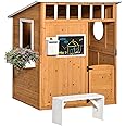 Outsunny Wooden Playhouse for Kids Outdoor with Working Door, Windows, Mailbox, Bench, Flowers Pot Holder, 48" x 42.5" x 53"