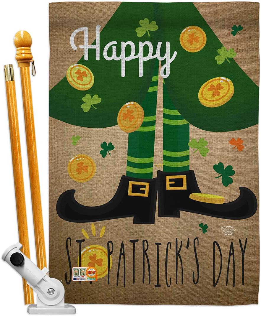 Ornament Collection HS192023-BO Happy Day Leprechaun Shoe Spring St Patrick Decorative Vertical House Flag Set, 28"x 40" w/Flagpole, Multi-Color