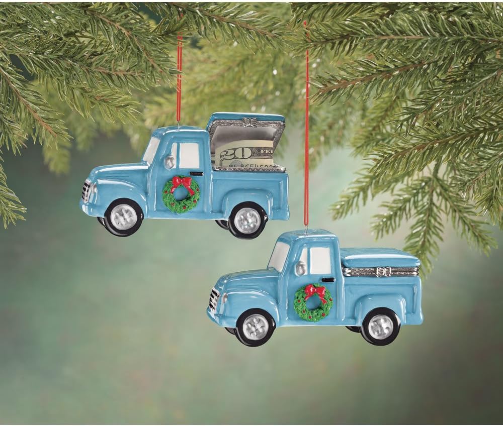 Vintage Truck with Tree Trinket Box– Surprise Ornament Box Fill to Gift Money, Jewelry, Engagement Ring