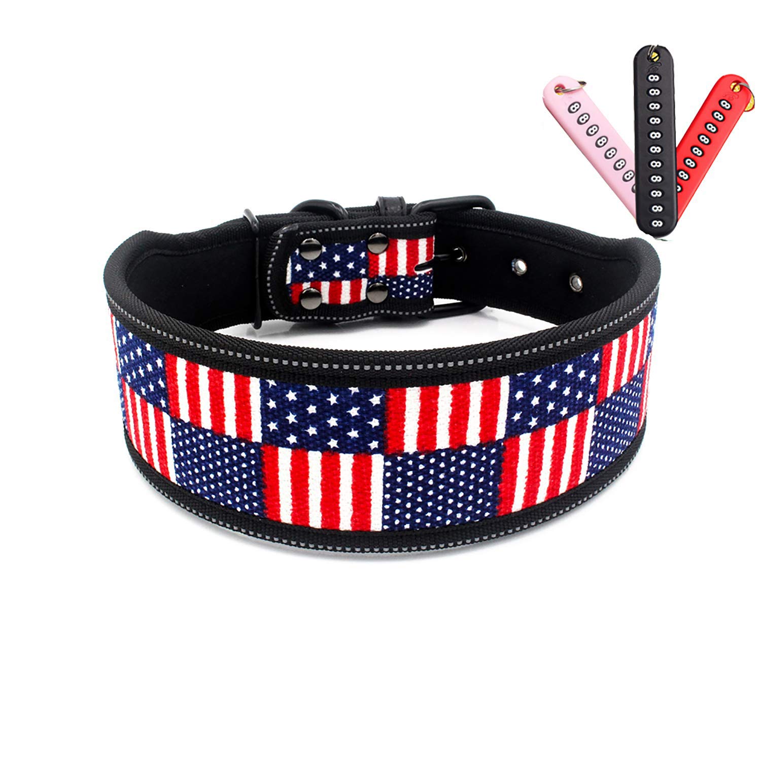 Elegel Dog Collar Printed Fabric Wide for Large Small Medium Dogs Adjustable Length Black Red Camouflage Flag Neon with Anti-Lost Phone Number Tag S M L