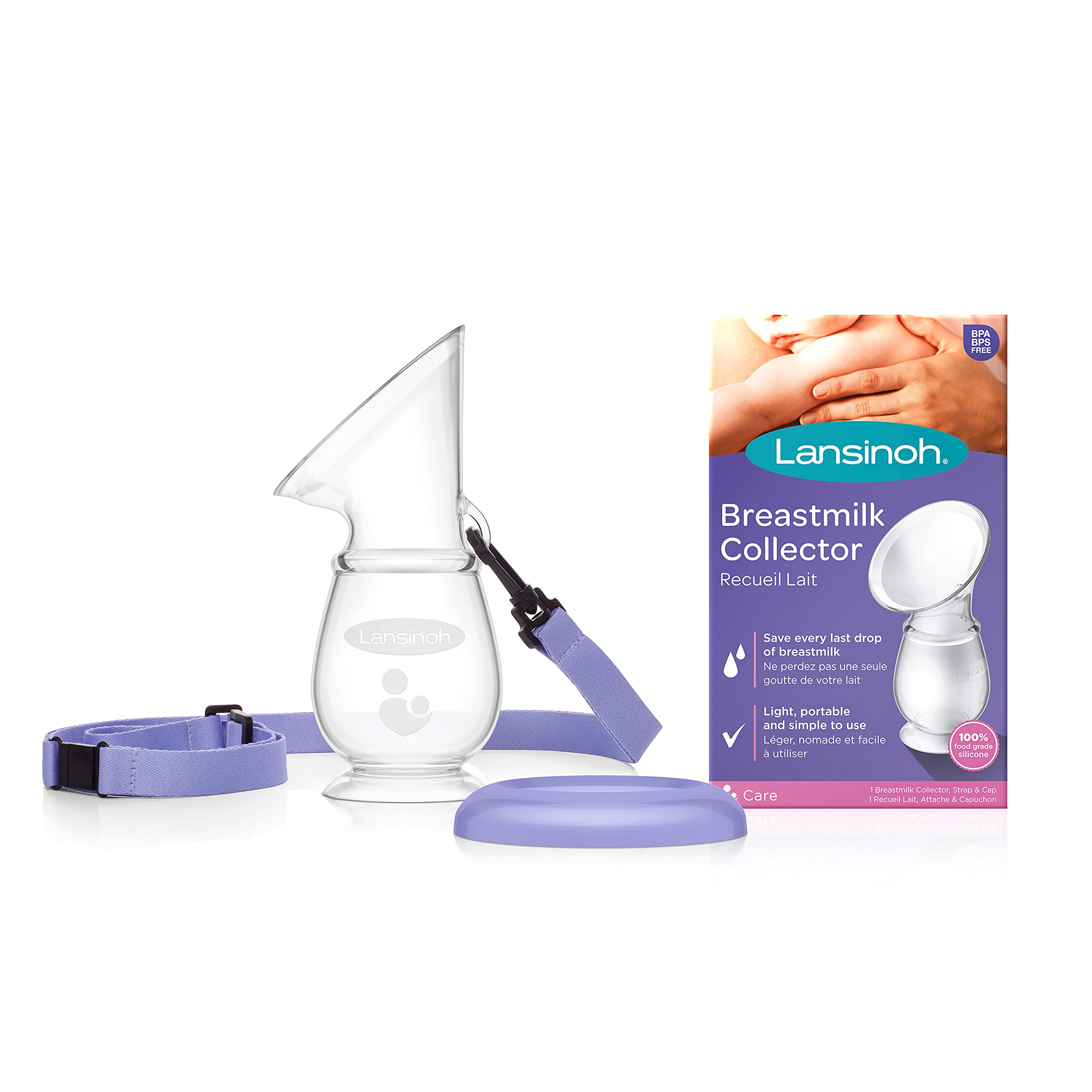 Lansinoh Breastmilk Collector Breastpump for Excess Breast Milk from Breastfeeding Mums BPA BPS Free 100% Silicone with Lid & Neck Strap, Transparent