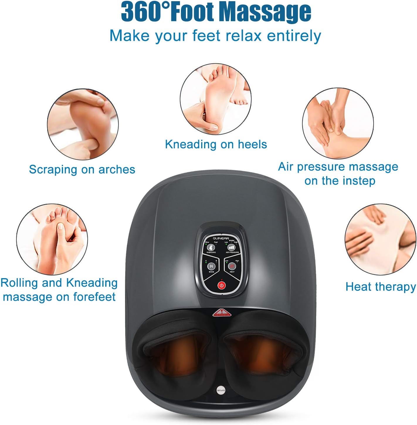 QUINEAR Shiatsu Foot Massager with Heat Compression and Deep Kneading Helpful for Circulation and Pain Relief - 6 Massage Intensities 2 Kneading Speeds 2 Heating Levels: Health & Personal Care