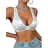 SHENHE Women's Front Closure Deep V Neck Bra No Wire Floral Jacquard Low Cut Bralette